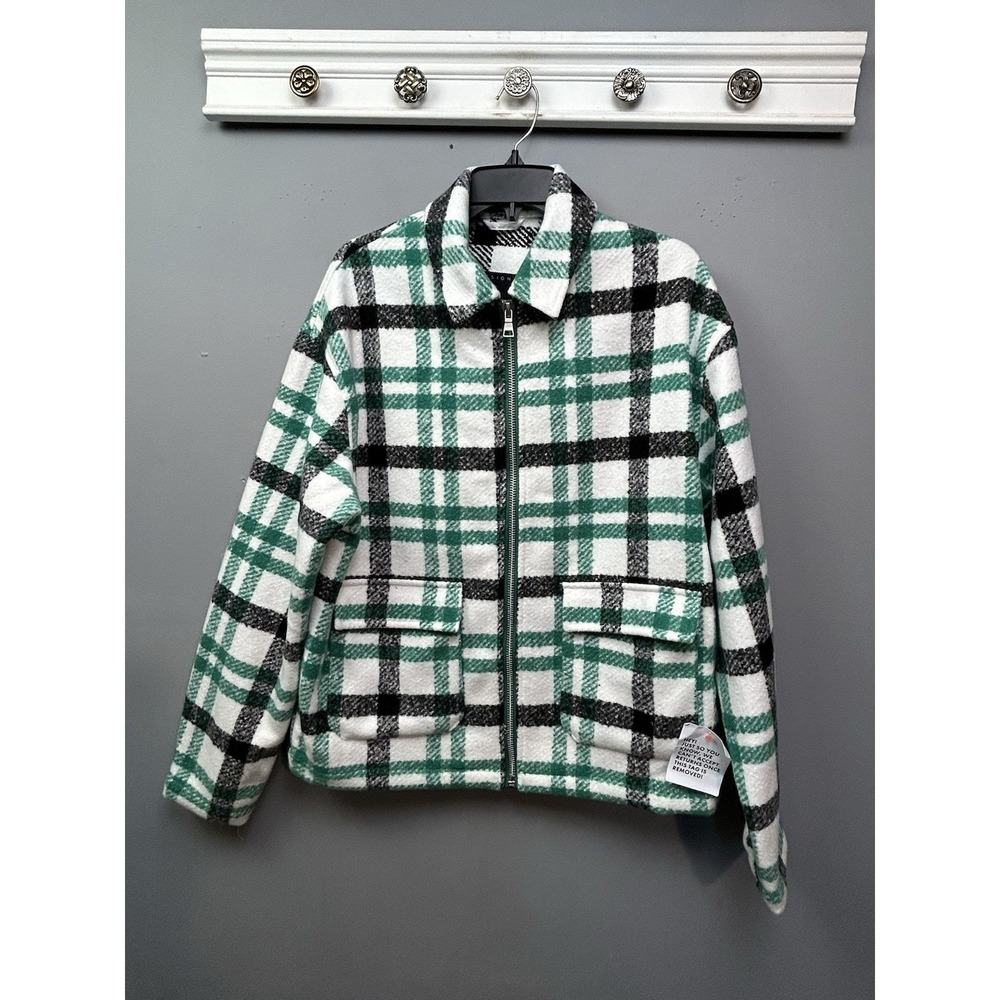 ASOS DESIGN Harrington Jacket XS Green Plaid‎ Full Zip Textured Check Coat